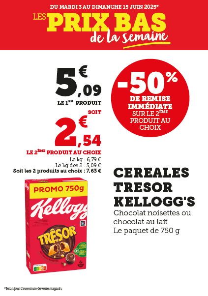 50 % de remise immédiate sur le deuxième produit au choix : céréales Kellogg's chocolat noisette ou chocolat au lait. Paquet de 750 g, soit les 2 paquets à 7,63 €. Prix au kilo : 6,79 € (5,09 € le kilo pour les 2 paquets).