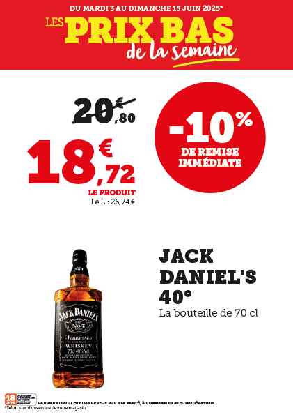 10 % de remise immédiate sur la bouteille de whisky Jack Daniel's 40°. Format : 70 cl, soit 18,72 € au lieu de 20,80 €.  Prix au litre : 26,74 €.