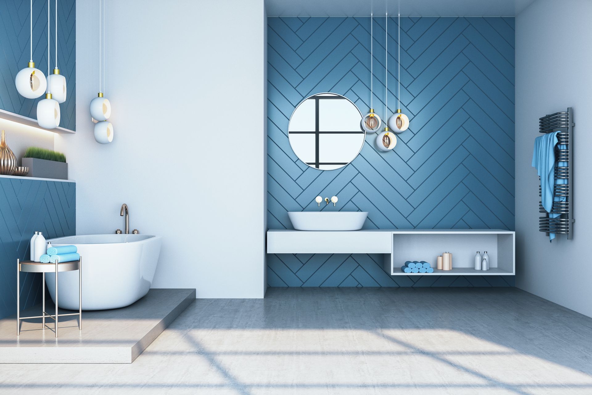 Une salle de bains moderne avec des revêtements bleus aux murs.