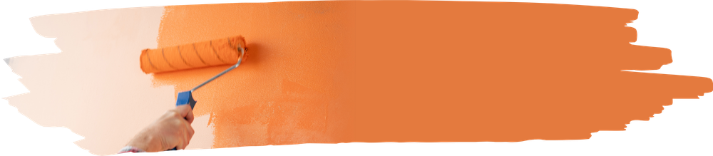 Un rouleau à peinture applique de la peinture orange sur un mur blanc.