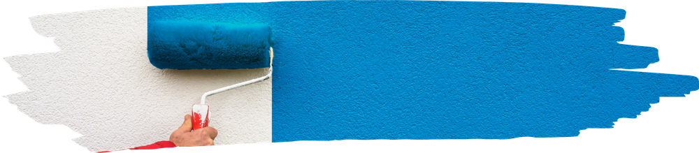 Un rouleau à peinture bleue appliquant de la peinture bleue sur un mur blanc.