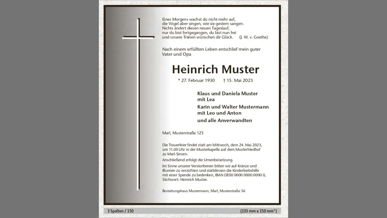 Eine schwarz-weiße Gedenkkarte für Heinrich Muster