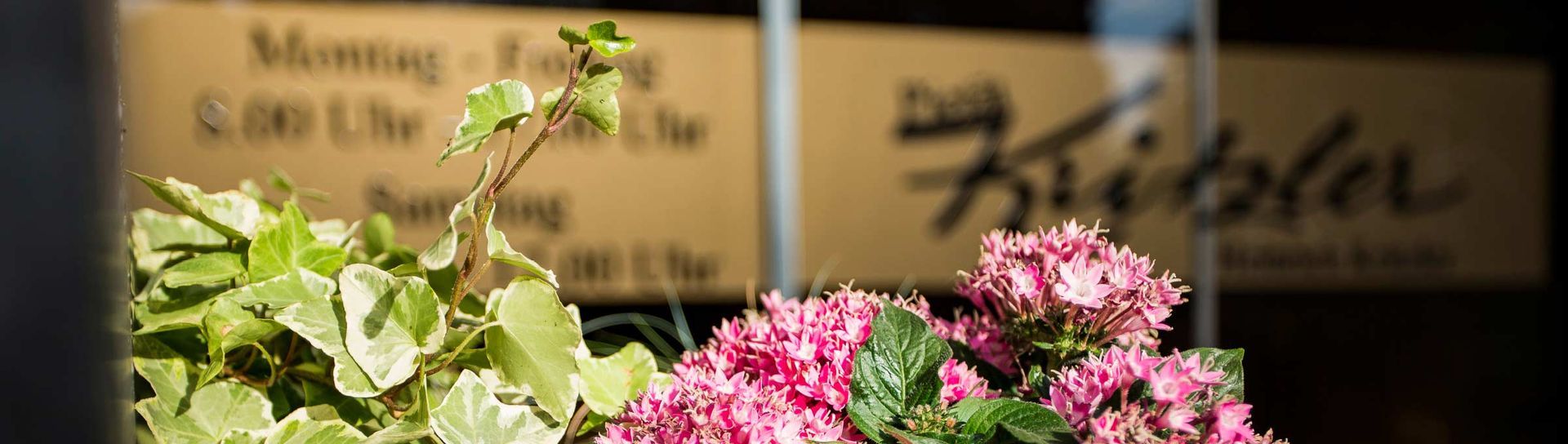 Ein Strauß rosa Blumen steht vor einem Schild.