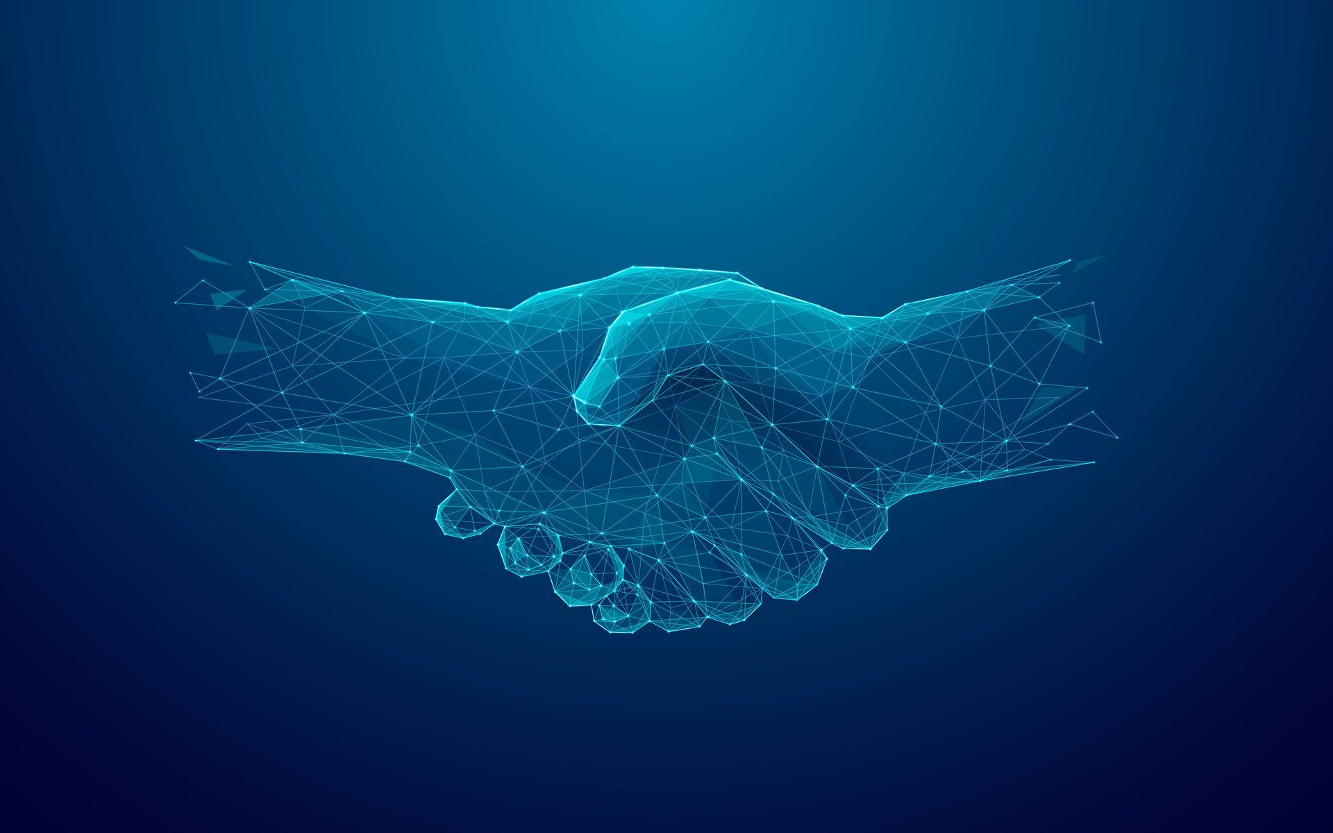 Blaue, polygonale Illustration zweier sich schüttelnder Hände.