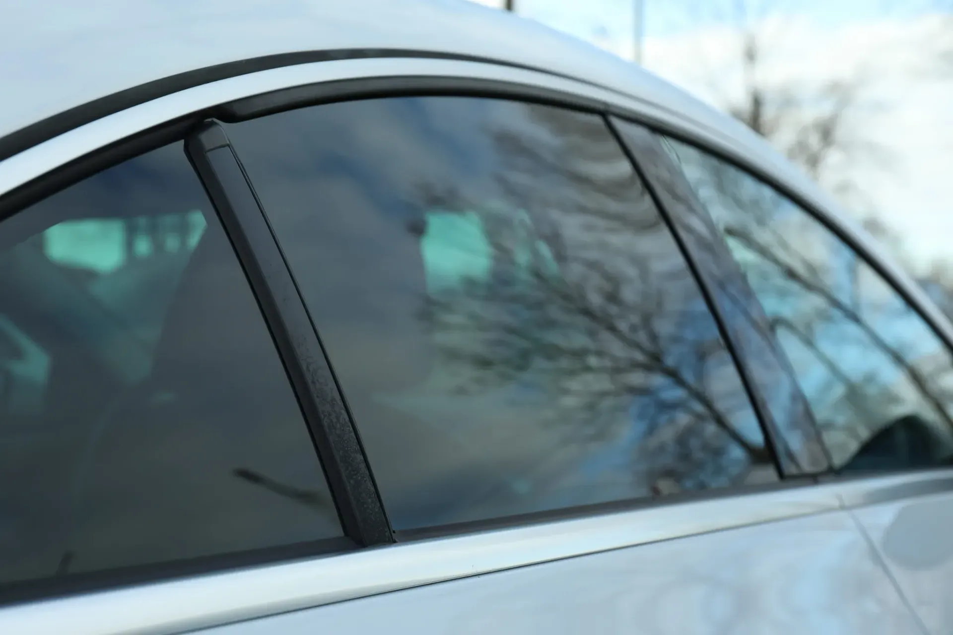Primer plano de las ventanillas laterales de un coche plateado que reflejan árboles desnudos contra el cielo.