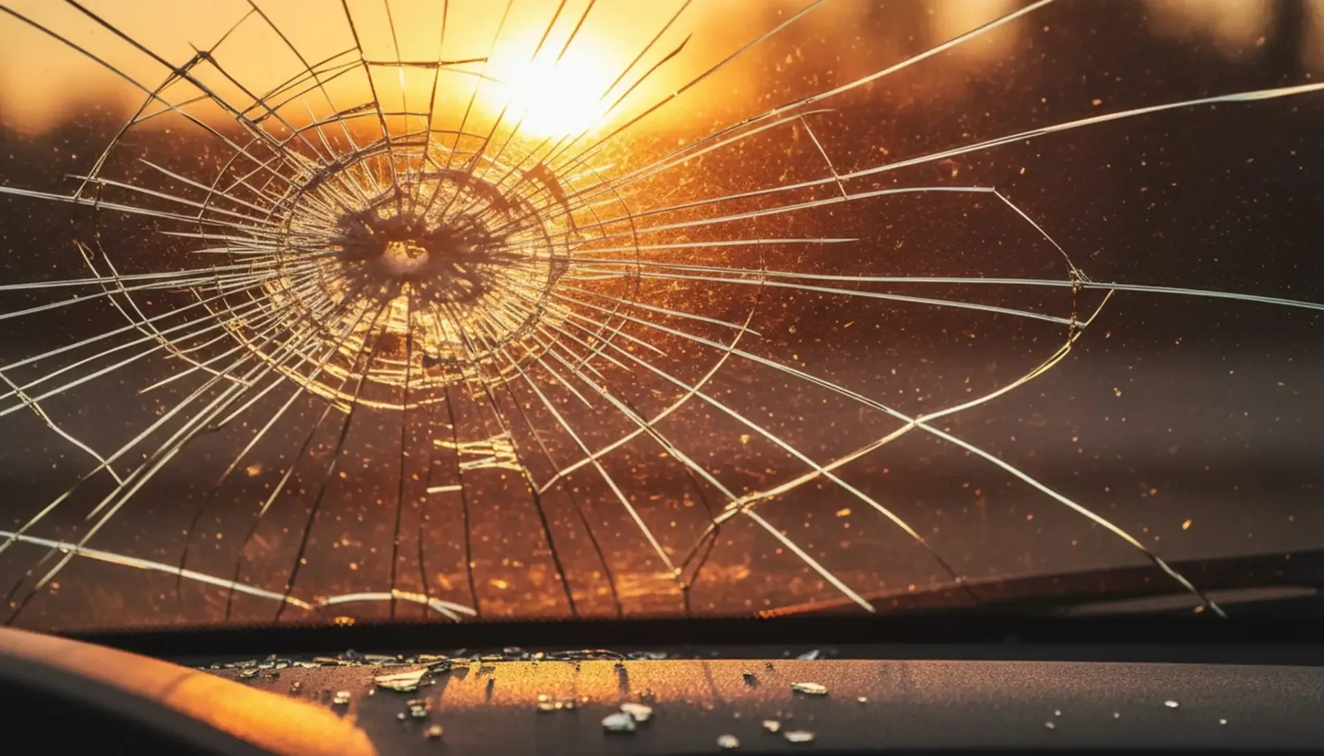 Parabrisas agrietado al atardecer con daños en el cristal en forma de telaraña y una carretera visible más allá.