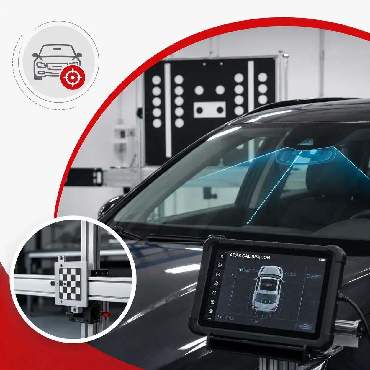 Vehículo bajo equipo de pruebas automotrices con monitor que muestra una interfaz de escaneo del vehículo
