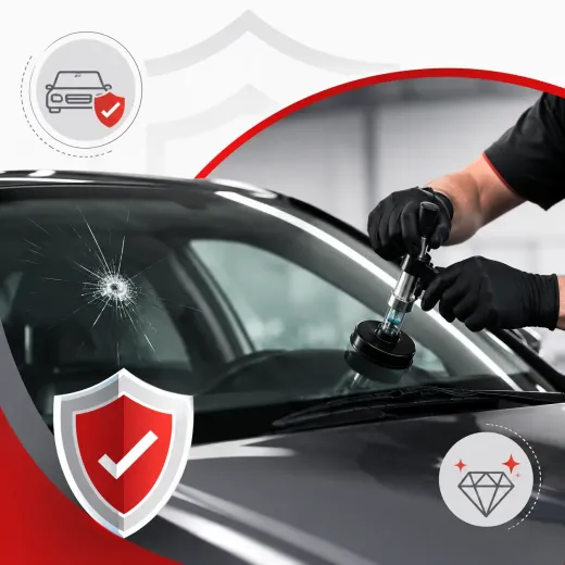 Parabrisas de coche siendo reparado con una herramienta de succión, con iconos de escudo de seguridad.