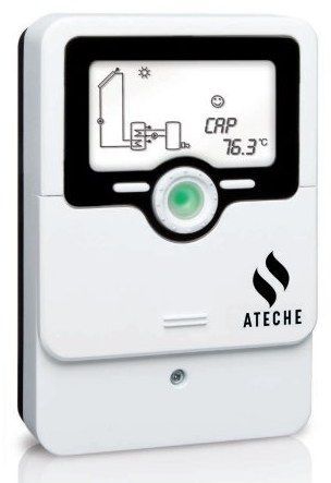 Panneau de commande ATECHE blanc avec petit écran LCD et bouton circulaire vert, affichant 76,3 °C.