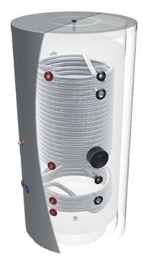 Réservoir de chauffe-eau cylindrique transparent avec éléments chauffants enroulés visibles et orifices rouges/noirs