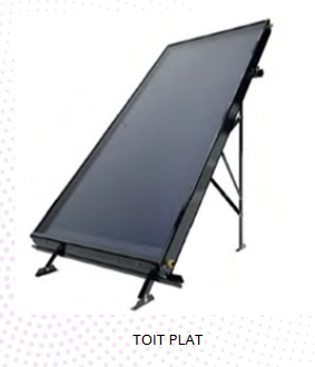Panneau solaire de chauffe-eau noir à toit plat sur un support, étiqueté TOIT PLAT