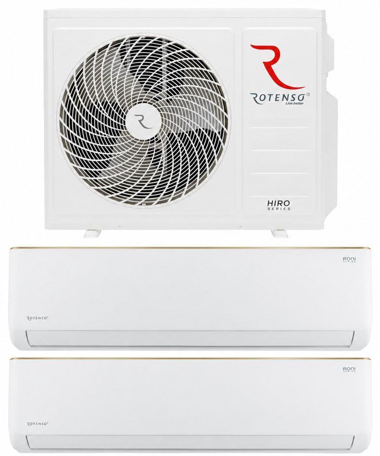 Ensemble climatiseur mural blanc avec unité extérieure de compression au-dessus de deux unités intérieures