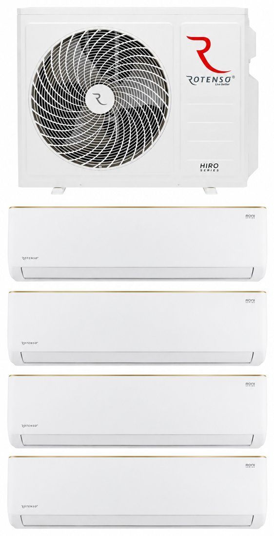 Unités de climatisation murales blanches, un condenseur extérieur au-dessus de quatre unités intérieures.