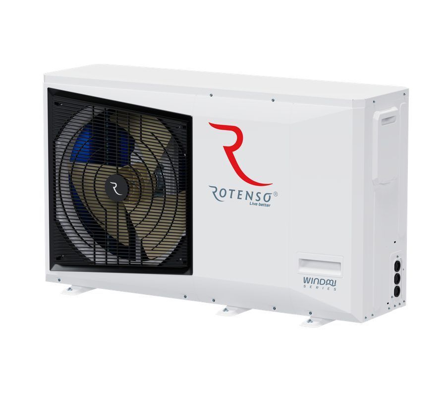 Unité de climatisation industrielle blanche avec grande grille de ventilation et logo Rotenso