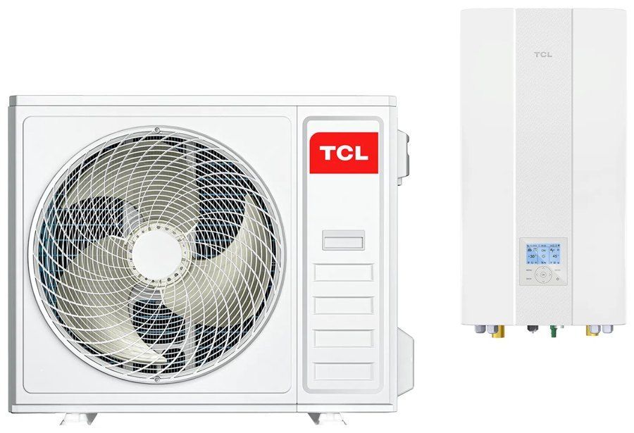 Unité extérieure de climatiseur TCL avec grand ventilateur frontal et unité intérieure murale blanche