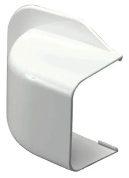Goulotte d'angle en plastique blanc avec canal ouvert et couvercle arrondi.