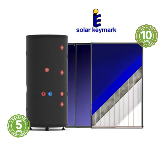 Chauffe-eau solaire Solar Keymark avec réservoir noir et panneaux solaires bleus, étiquetés 5 et 10