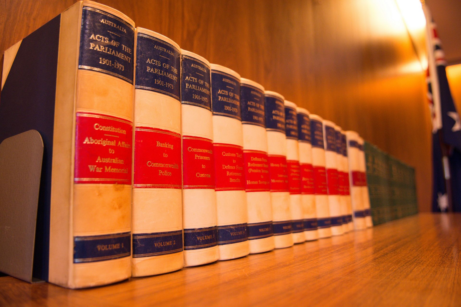 Libros en un estante, encuadernados en azul y blanco con lomos rojos.