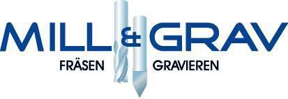 Das Logo von Mill & Grav Fräsen Gravieren ist blau und weiß.