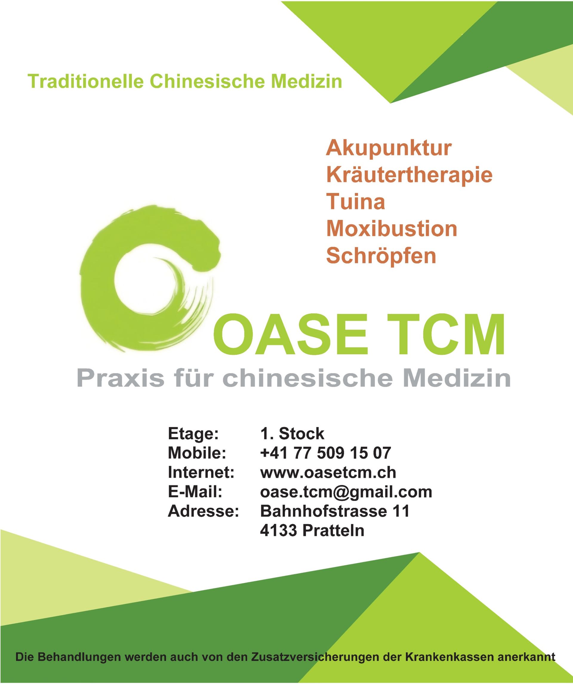 Visitenkarte der OASE TCM, einer Praxis für chinesische Medizin. Enthält Kontaktinformationen und Leistungsangebote.