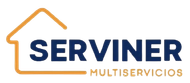 Logotipo de "SERVINER MULTISERVICIOS". Texto en azul marino con el contorno dorado de una casa arriba.