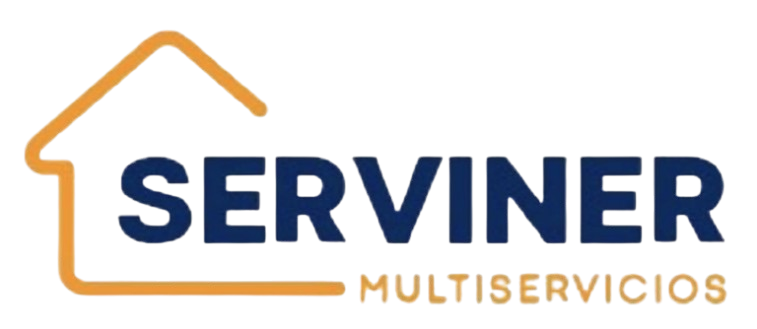 Logotipo de "SERVINER MULTISERVICIOS". Texto en azul marino con el contorno dorado de una casa arriba.