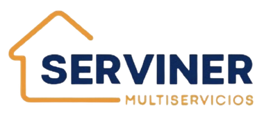 Logotipo de "SERVINER MULTISERVICIOS". Texto en azul marino con el contorno dorado de una casa arriba.