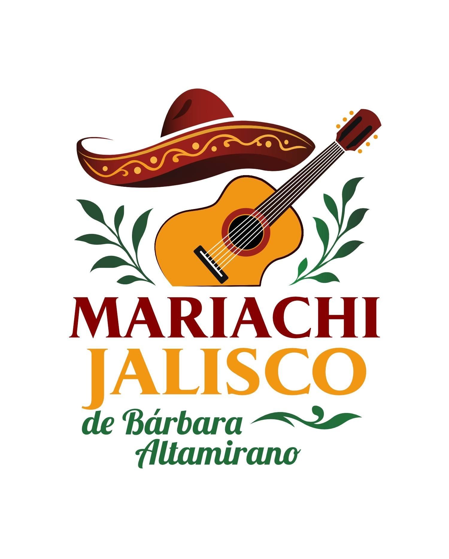 Mariachi Jalisco logo: Sombrero, guitar, and text.  Colors: brown, gold, green, and red. "Mariachi Jalisco de B&aacute;rbara Altamirano."