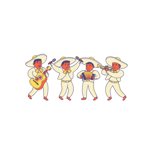 Banda de mariachis tocando música con trajes blancos y sombreros.