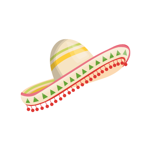 Sombrero con ala y copa color crema, decorado con borlas rojas y triángulos verdes.