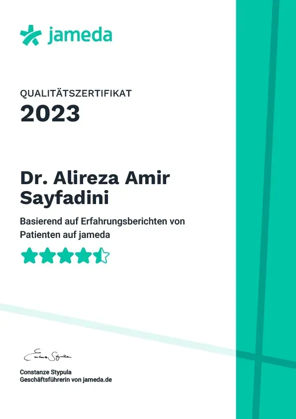 Zertifikat von Jameda für Dr. Alireza Amir Sayfadini, Qualitätszertifikat 2023, 5-Sterne-Bewertung, blaugrünes und weißes Design.