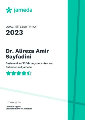 Zertifikat von Jameda für Dr. Alireza Amir Sayfadini, Qualitätszertifikat 2023, 5-Sterne-Bewertung, blaugrünes und weißes Design.