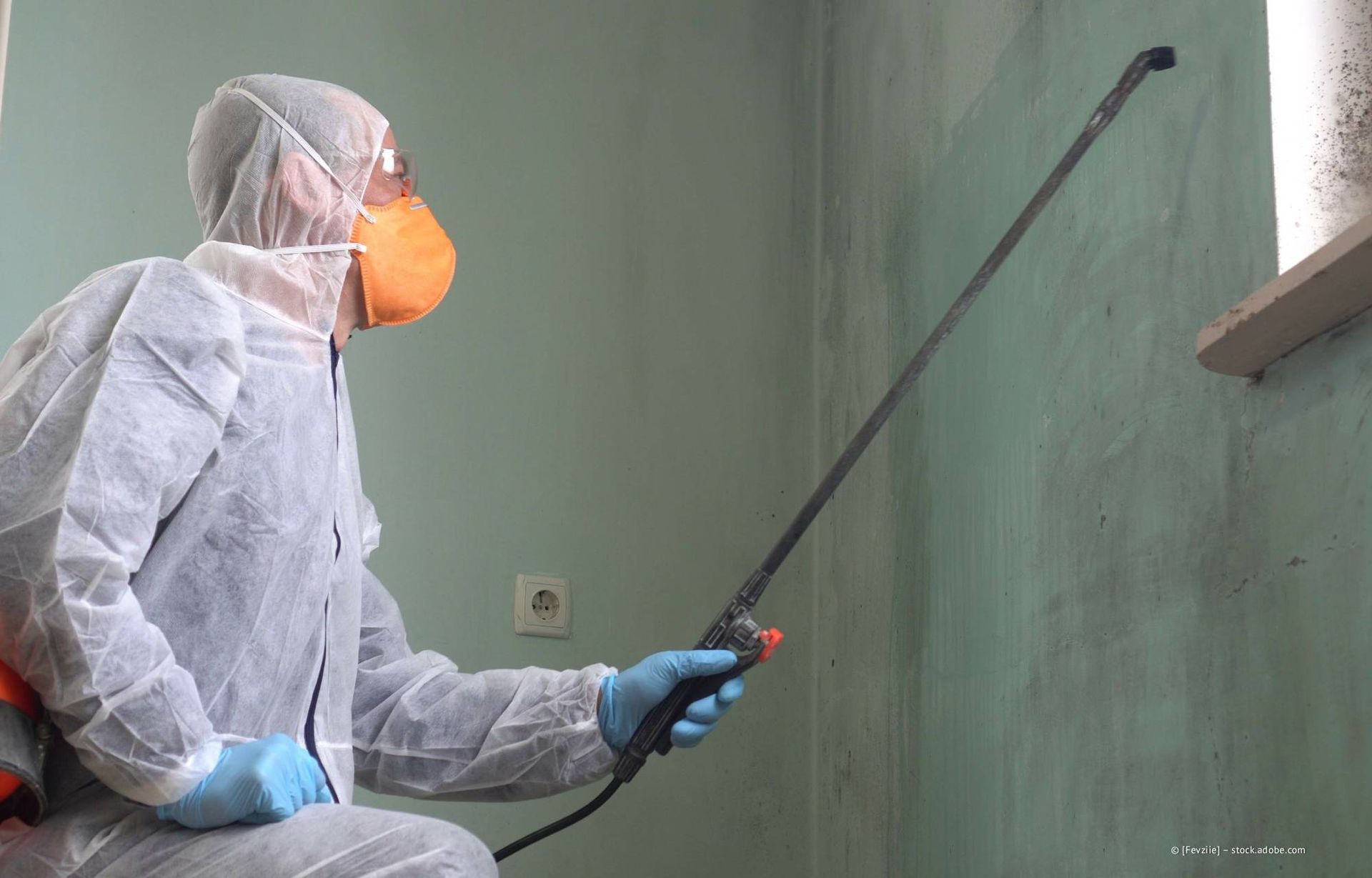 Person in Schutzkleidung besprüht Wand in Innenräumen mit Pestizid.