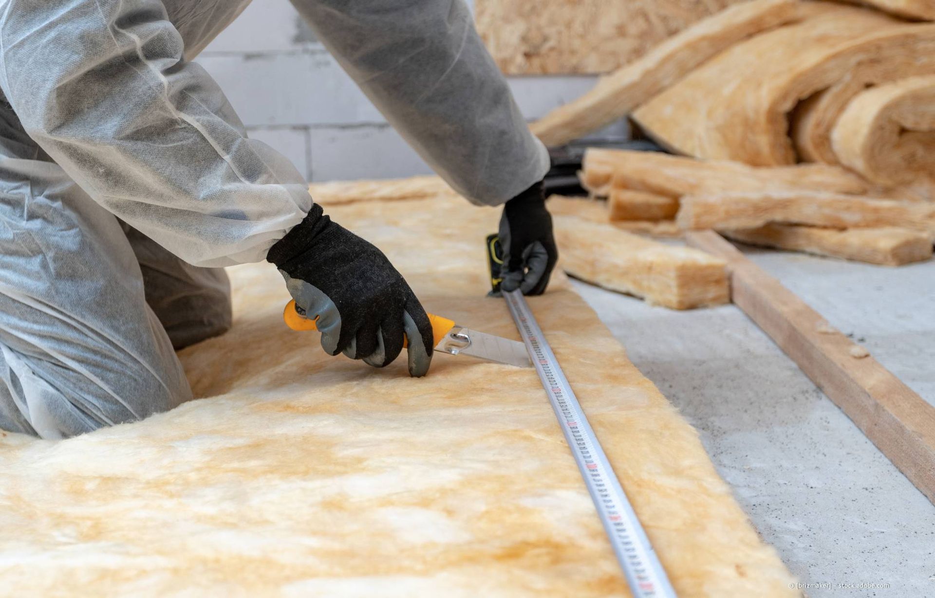 Eine Person kniet und schneidet Dämmmaterial mit einem Universalmesser und einem Maßband zu.