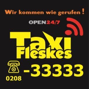 Taxi Fleskes logo on a black background, with phone number, open 24/7, and WiFi icon. "Wir kommen wie gerufen!" text at top.