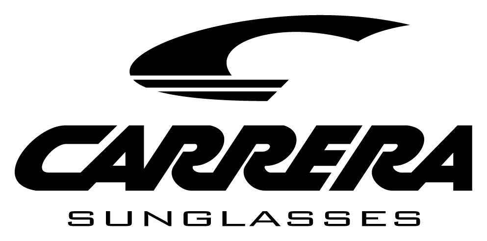 Un logotipo en blanco y negro para gafas de sol Carrera sobre un fondo blanco.