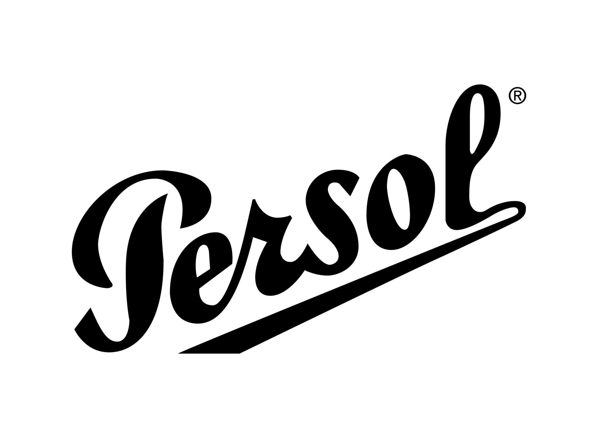 Un logotipo en blanco y negro para Persol sobre un fondo blanco.