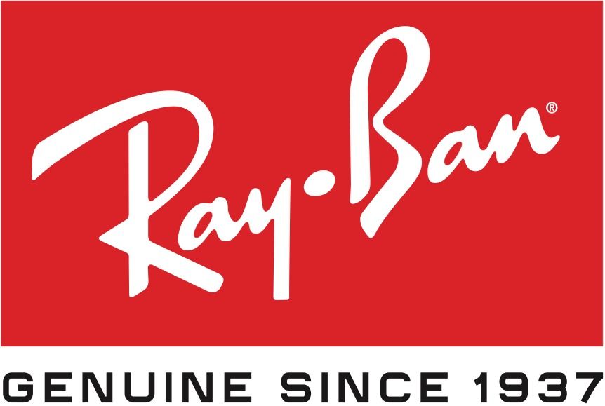 Logotipo de Ray-Ban genuino desde 1937 sobre fondo rojo