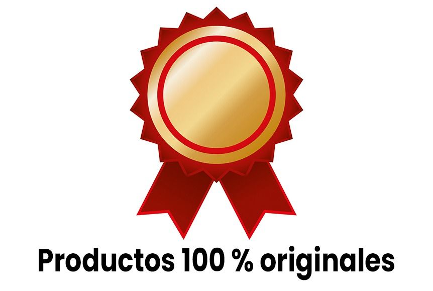 Una medalla de oro con una cinta roja y las palabras productos 100 % originales