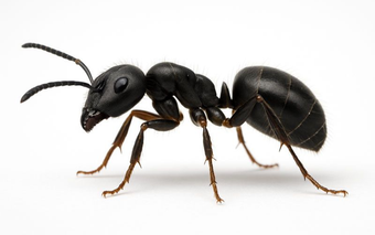 Schwarze Ameise mit segmentiertem Körper und Fühlern auf weißem Hintergrund.