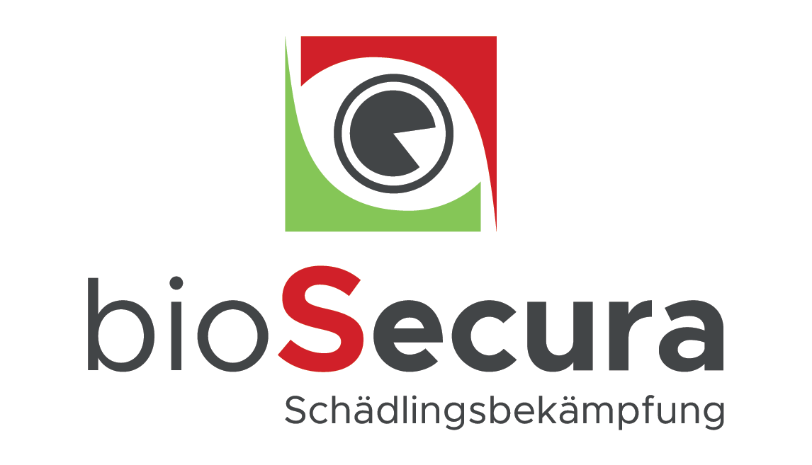 Logo für bioSecura, ein Schädlingsbekämpfungsunternehmen. Über dem Firmennamen befindet sich ein rot/grün/weißes Augensymbol.
