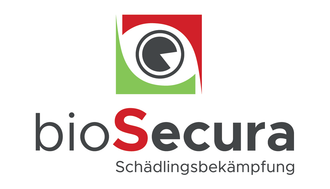 Logo für bioSecura, ein Schädlingsbekämpfungsunternehmen. Über dem Firmennamen befindet sich ein rot/grün/weißes Augensymbol.