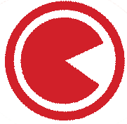 Roter Kreis mit weiß umrandetem Rand, der eine rote Pac-Man-Form umschließt.