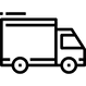 Icono de camión de reparto en blanco y negro con caja de carga y cabina, vista lateral.