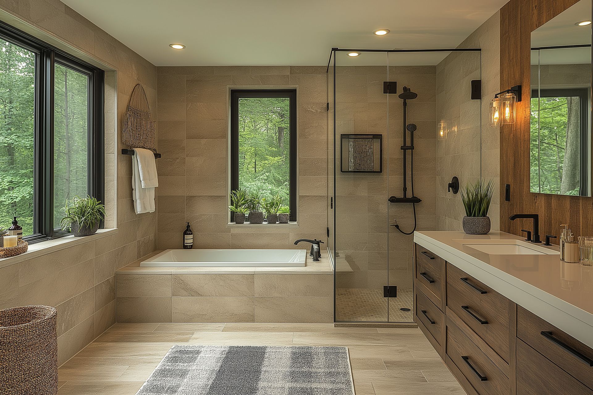 Salle de bains moderne avec baignoire.