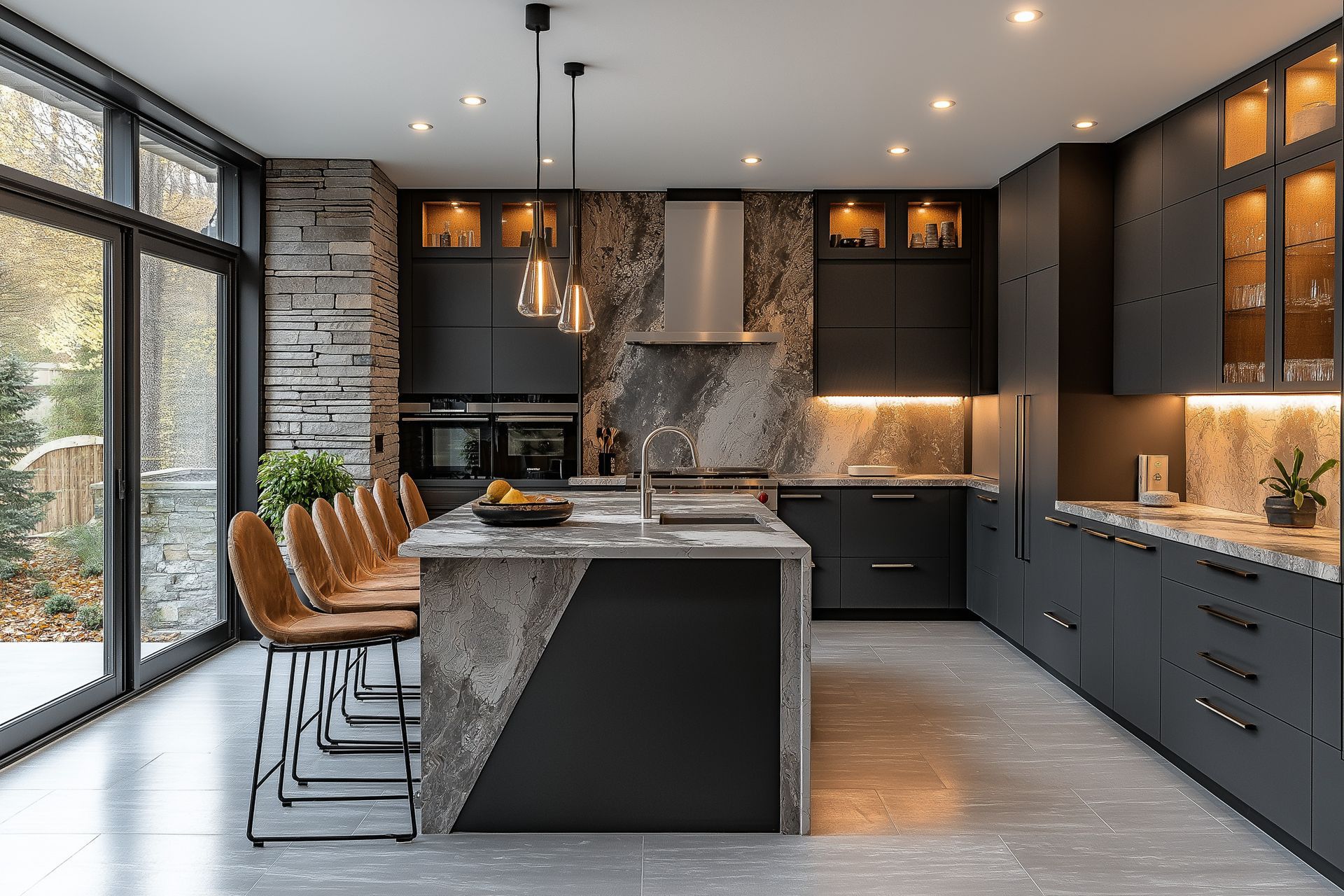 Cuisine moderne avec armoires grises, éléments en pierre.