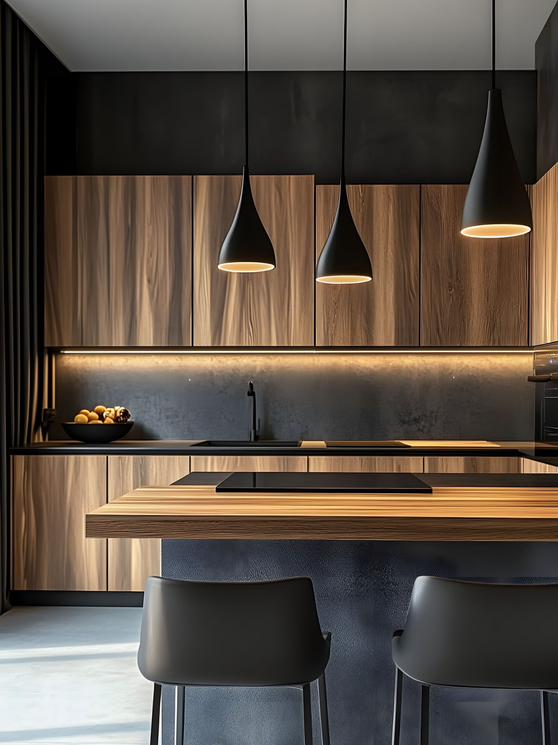 Cuisine moderne avec placards en bois, plans de travail foncés, suspensions lumineuses et tabourets de bar.