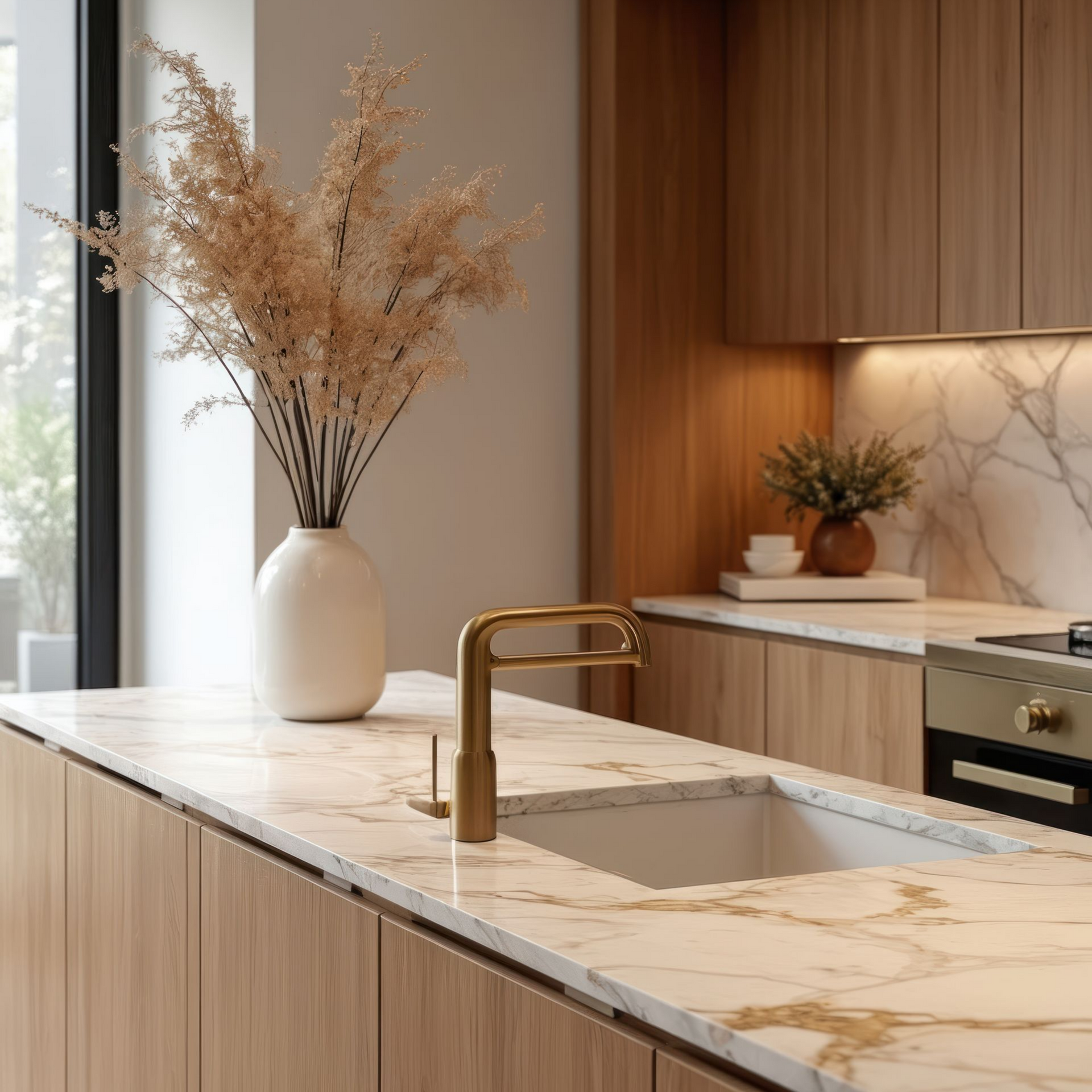 Cuisine moderne avec placards en bois clair, comptoirs en marbre et robinet doré.