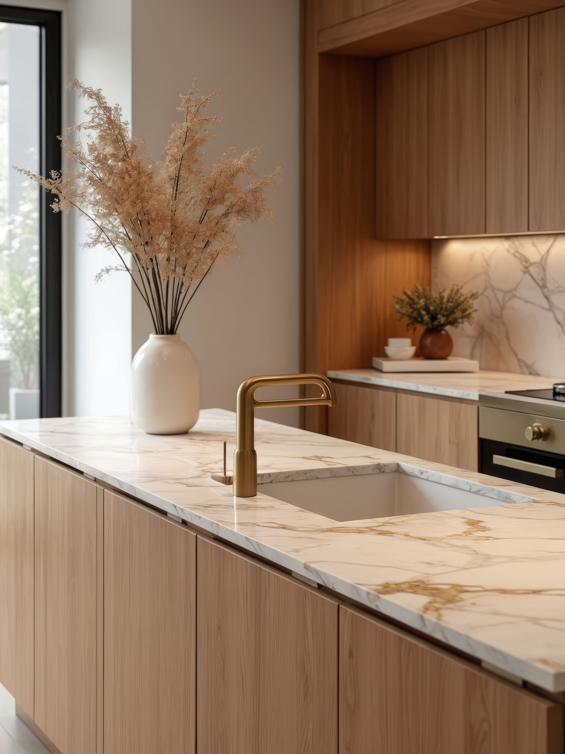 Cuisine moderne avec placards en bois clair, comptoirs en marbre et robinetterie dorée.