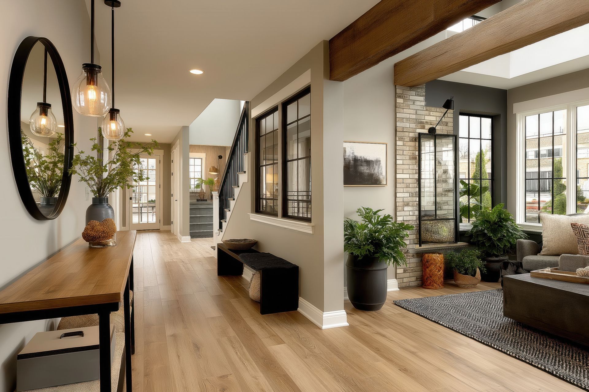Couloir avec parquet, fenêtres à cadre noir et banc noir.